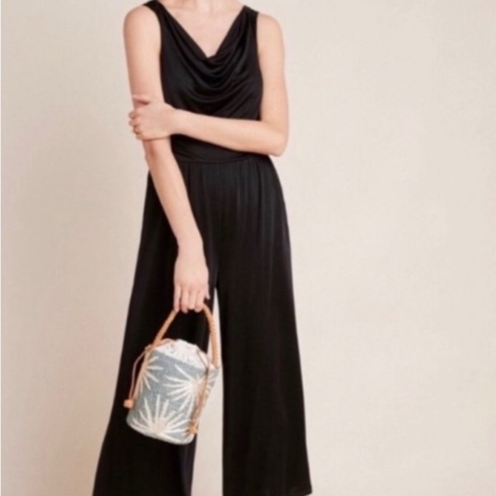 Maeve Anthropologie Enchantment XL Black Jumpsuit Wide Leg Drape Neck Low Back